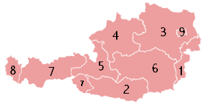 Harta administrativa Austria impartita pe regiuni