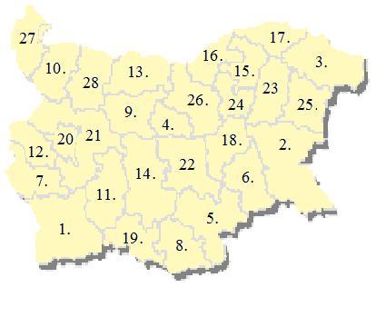 Harta administrativa Bulgaria impartita pe regiuni